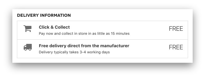Delivery information showing free delivery direct from the manufacturer