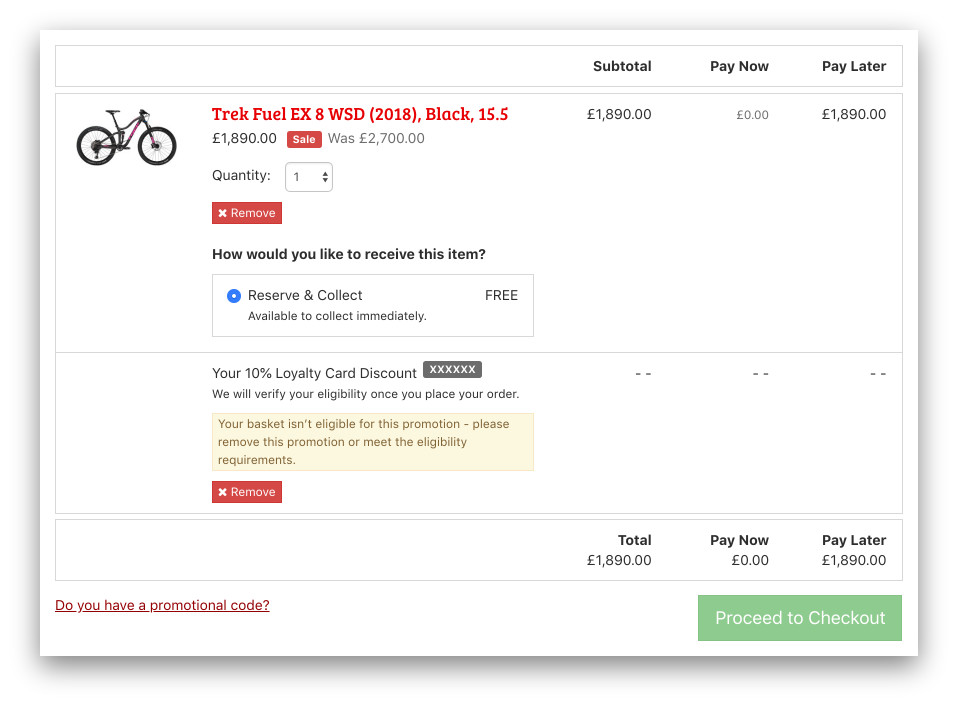 Basket showing ineligibility for promotional code